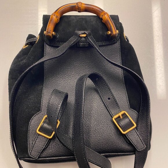 GUCCI Bamboo Backpack Suede Leather Black Gold 003 1705 0030 Auth nb031
